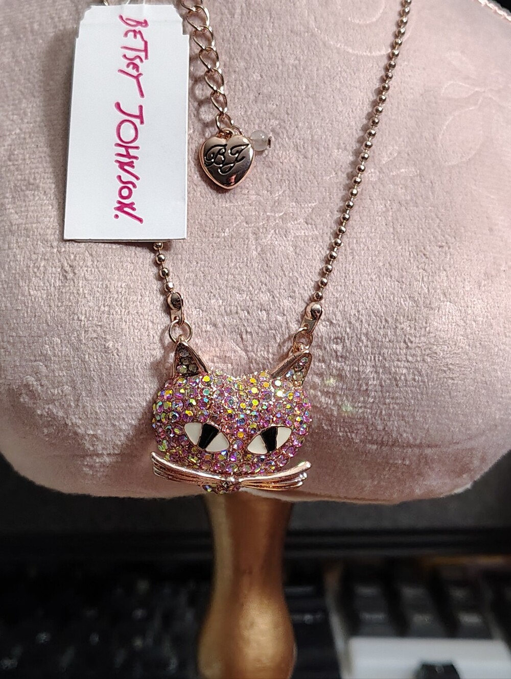 Betsey Johnson Pink Multicolor Glitter Cat Pendant Necklace